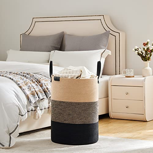 Image of VIPOSCO 72L Tall Woven Rope Laundry Hamper, Leather Handles, Brown & Black | Large Wicker Laundry Basket for Dirty Clothes, Blanket, Toy, Towel, Yoga Mat, Storage Bin in Bedroom, Bathroom, Living Room