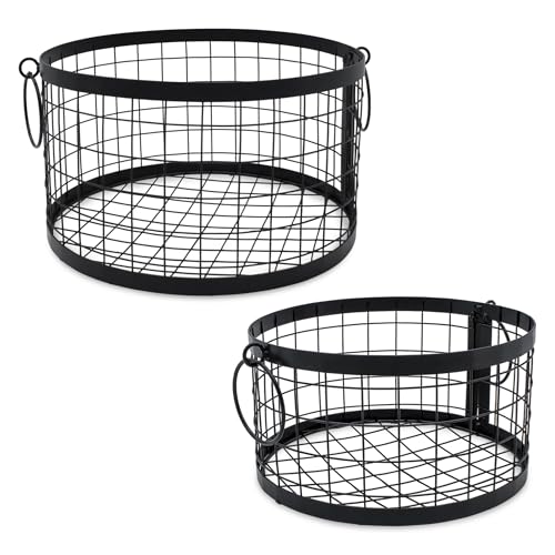 Lot de 2 corbeilles grillagées rondes en métal avec poignées noires - 27/22 cm - Panier d'étagère au design industriel en 2 tailles différentes - Panier...