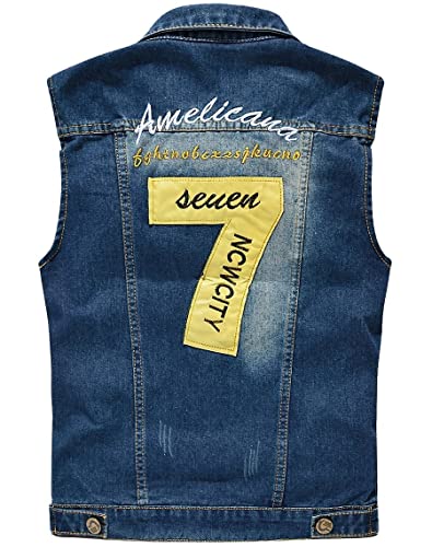 Image of ebossy Men's Ripped Distressed Denim Vest Sleeveless Button Up Jean Vest Jacket (Large, Seven-blue)