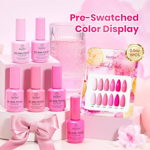 Image of Beetles Pink Gel Polish Set - Pink Soda with Color Card, 6 Colors Summer Gel Nail Polish Set 15ML /0.51FlOz, Same Color Bottle Professional Manicure Salon, Long-Lasting Soak Off UV LED Summer Nails