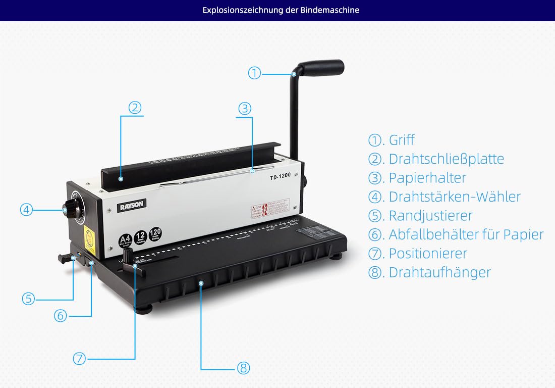 RAYSON Drahtbindemaschine, 34 Löcher, 120 Blatt Binden, TD-1200 | Robuste Metallkonstruktion, Kostenloses Bindematerial im Lieferumfang enthalten