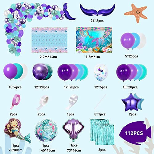 Image of PARTY SPOT!112 PCS Little Mermaid Party Decorations,Girls Mermaid Balloon Garland with Background Cloth,Tablecloth Mermaid Tail Balloon,Tassel Curtain Birthday Decorations