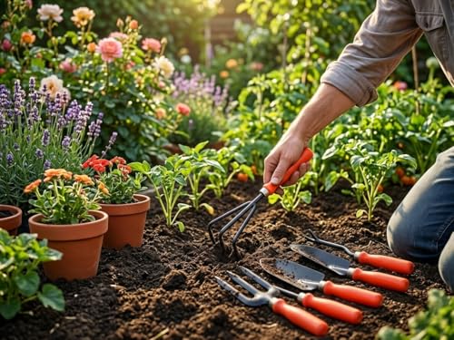 Image of Ocean Mart Gardening Hand Tools Set - 5 Pieces (Cultivator, Big and Small Trowel, Weeder, Fork) | Tools for Home Garden | Durable Plant Tool Kit | Farming Tools