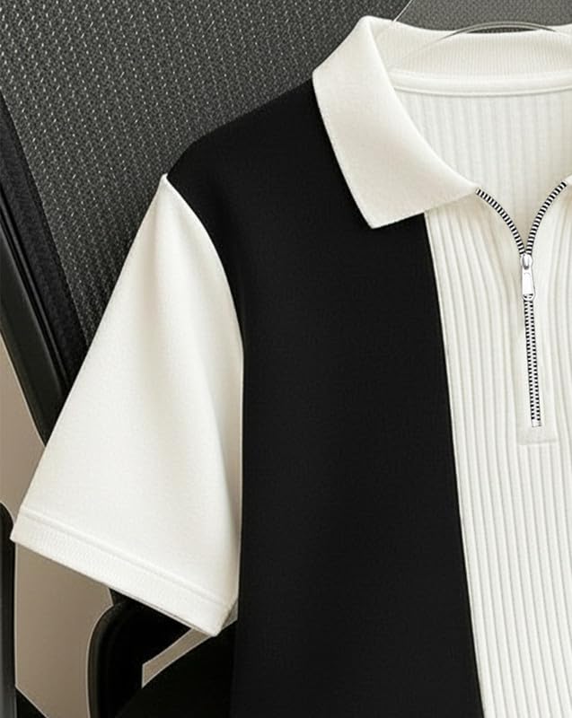 Image of AUSK Men's Textured Vertical Striped Knit Polo T-Shirt | Half Sleeve Zipper Neck Self-Design Casual Tee | Mens Tshirts