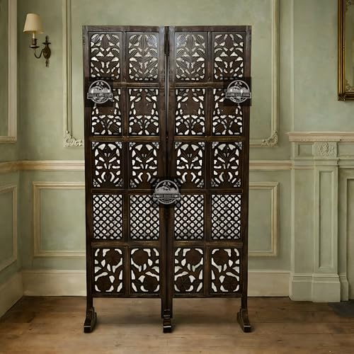 Image of Wooden Room Divider Screen, Carved,Decorative Handcrafted Privacy Screen Separator Wall Divider | Folding Partition with Floral & Jaali Design (Brown, 2 Panel)