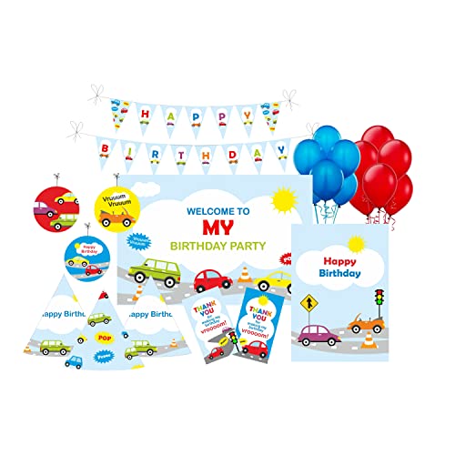 Image of Pretty UR Party Colourful Cars Party decorations Kit - 80 pcs includes Banner, balloons, thank you, centerpiece, danglers, Cars Party Supplies, Vehicles Birthday Decor, DIY Decor Pack for kids, boys