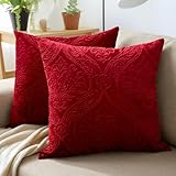 Encasa XO Luxury Cuscini in Velluto Goffrato Coperture per Cuscini di Peluche per Soggiorni Eleganti e Camere da Letto, 50x50 cm Rosso Set di 2 | Solo Coperture Senza Inserto
