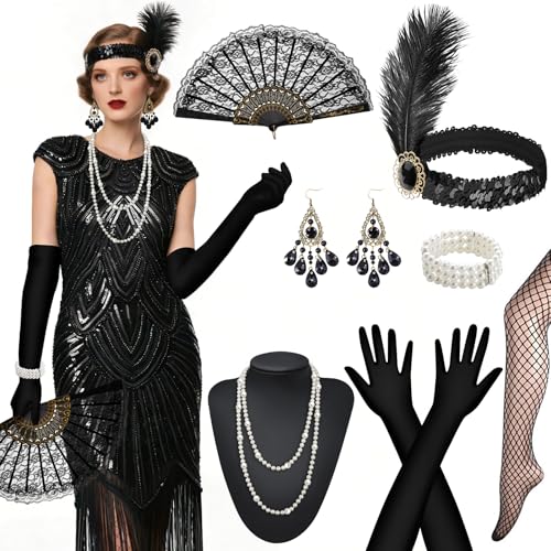 WEARXI 20er Jahre Kostüm Damen, Gatsby Charleston Kleid 20er Jahre Accessoires Kleid, Pailettenkleider für Damen, Pailletten Perlen Fransen Kleid für Fasching Partys Karneval Kostüm, Schwarz