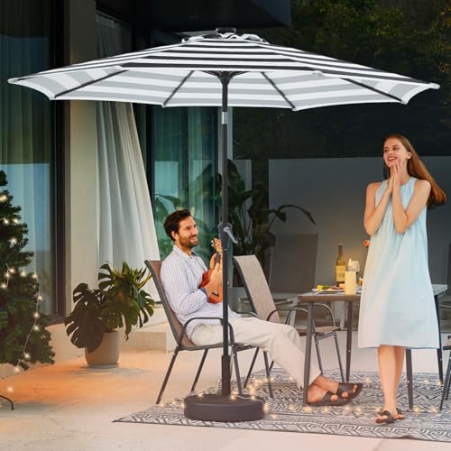 Image of JEAREY 9FT Outdoor Patio Umbrella with Solar Lights, LED Lighted Pool Umbrella with Tilt and Crank, Outdoor Table Umbrellas for Deck, Yard & Market (Black & White Stripe)