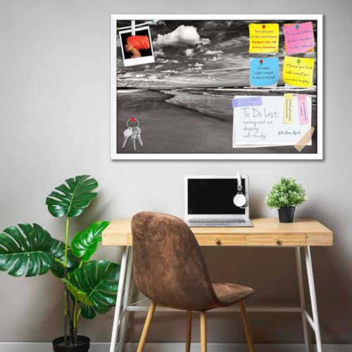 Image of ArtzFolio Sea, Air, & Land Monochrome Contrast | Bulletin Board Notice Pin Board | Vision Soft Board Combo with Thumb Push Pins & Sticky Notes | White Frame | 23.5 x 16 inch (60 x 41 cms)