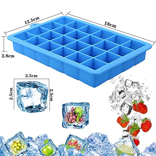 Image of 24 Square Cube 1.1 Inch Cube Silicone Ice Cube Tray - Ice Molds - Chocolate Mold - Candy Mold - Makes 24 Cubes for Cocktail & Bourbon - (Blue, 24 Square Cube, Rectangular)