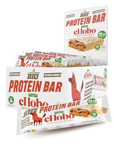 BIG - Barritas Proteina - Barritas Proteinas Turrón Almendras y Chocolate Blanco El Lobo - Snack Saludable Alto en Proteínas - +25gr por Barrita - Protein Bar Sabor Turrón - Sin Gluten - Caja (15 uds)