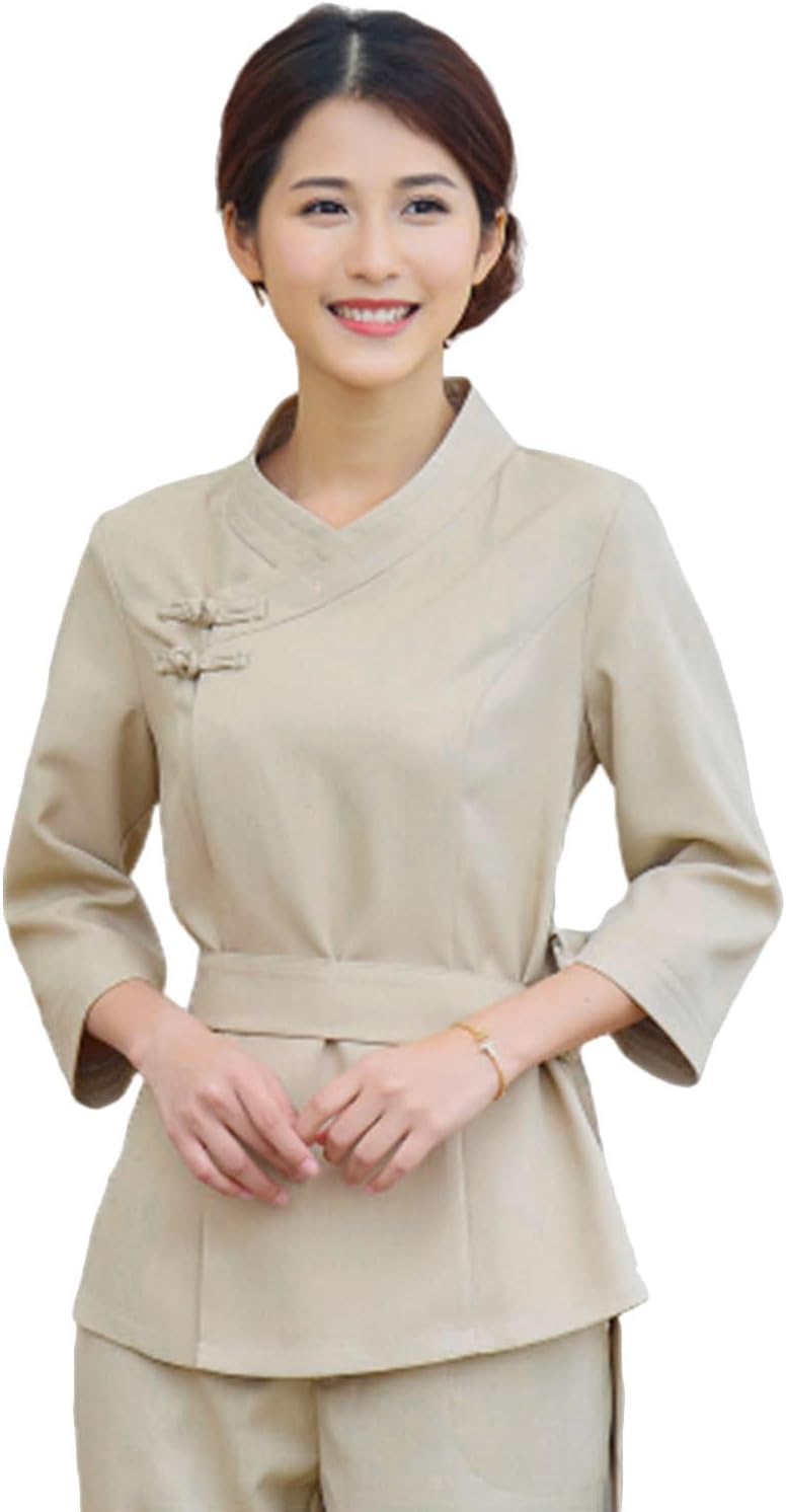 Comfortable Beige Beauty Technician Overalls with Waist Strap Design and Neat Neckline, Polyester Spandex Salon Uniform for Spa and Hair Dyeing, Classic Fit Suit for Women Convenient and clever