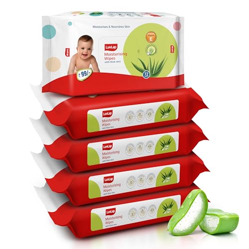 Image of LuvLap Moisturising Wet Wipes Without Lid for Baby Skin, Enriched with Aloe Vera, Vitamin E & Chamomile Extract, pH Balanced, Dermatologically Safe, Paraben & Sulphate Free, 72 Wipes, Pack of 5