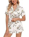 Anjue Women's Sleepwear Pajama Sets Cozy Womens Pjs Set Short Sleeve Button Down Loungewear Summer Nightwear(A-Maple,XXL)