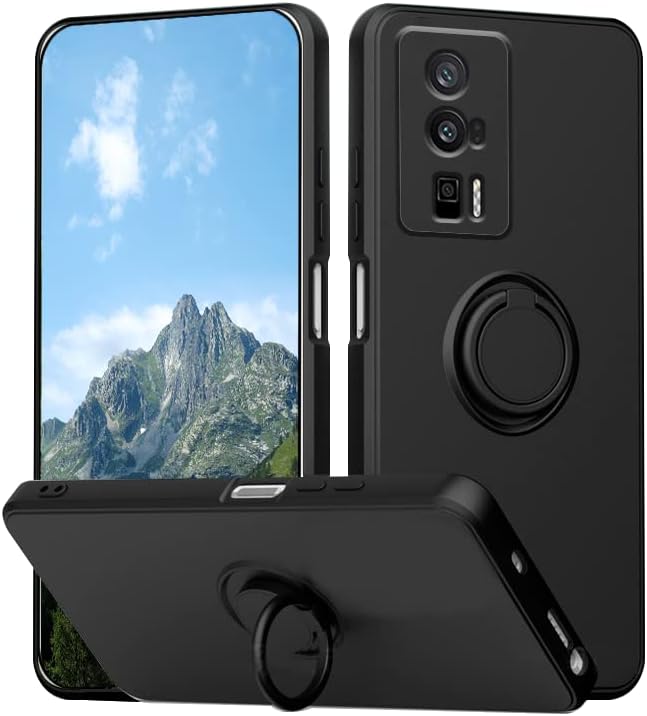 Funda compatible con Poco F5 Pro con soporte de anillo negro, funda para teléfono Xiaomi Poco F5 Pro, funda de silicona líquida con forro de