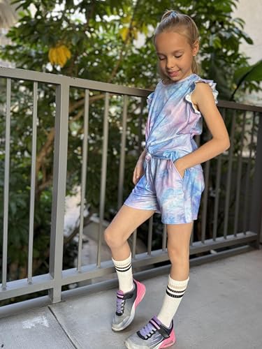 Image of Arshiner Girls Shorts Sets 2 Pieces Outfits Twist Front Ruffle Sleeve T-Shirts and Shorts With Pockets Cute Clothes Sets