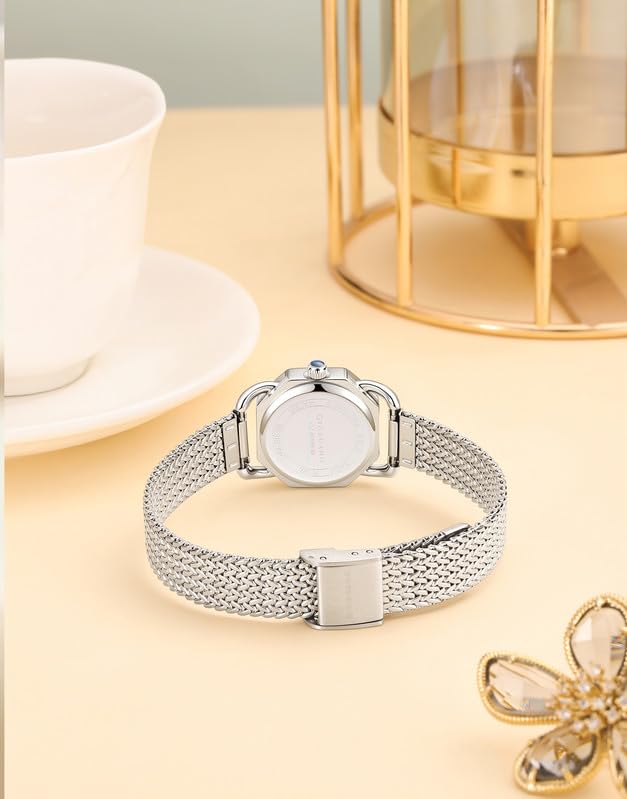Image of Giordano Analog Quartz Watch for Women with Octagonal Textured Dial, Crystal Hours Markers, Blue Crown and Mesh Metal Strap