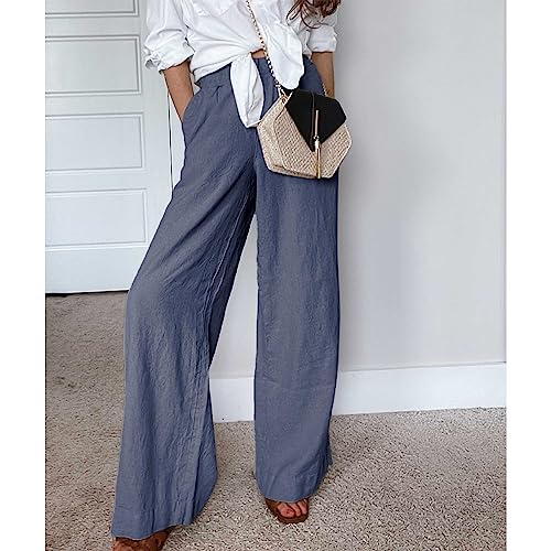 Image of Duyang Womens Cotton Linen Palazzo Pants Drawstring Elastic Waist Casual Wide Leg Trousers with Pockets