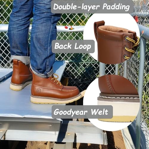 Image of Brown Men's Leather Work Boots - 4 /6 /8 Inch Composite & Soft Toe, Slip Resistant, Oil Resistant, Electrical Hazard, Mark Toe Construction Footwear
