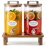 MerryNine 2PCS 1.1 Gallon Glass Drink Dispensers for Parties with Wood Stand, Punch Borosilicate Glass Beverage Dispenser, Leakproof Filter Stainless Spigot for Hot/Cold Lemonade Juice Tea Party Event
