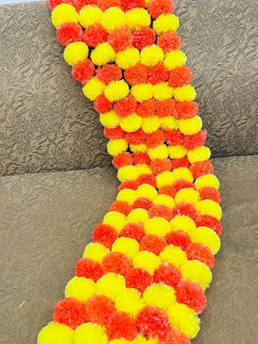Image of Artificial Marigold Flower Garlands, (Pack of 20) 50 Inches Marigold Strings for Diwali, Pooja, Wedding, Festival, Housewarming, Mandir, Wall, Door, Home Decor - Yellow & Dark Orange