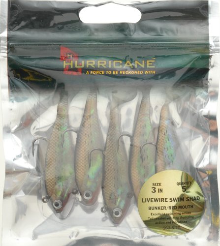 HURRICANE Livewire Swim Shad (Pack of 5), 3-Inch, Bunker/Red Mouth