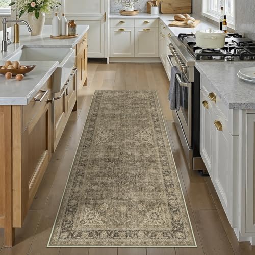 2x6 Washable Brown Vintage Runner Rug for Kitchen Hallway Non-Slip Low Pile Soft Thin Carpet Traditional Retro Distressed Accent Throw Rug for Entryway Bathroom Indoor Bedroom