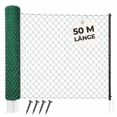 Herkules Geflügelnetz 50m x 120cm - Mobiler Geflügelzaun für Hühner - Stromloser Hühnerzaun mit engmaschigen und reißfesten Litzen - Geflügel Zaun inkl. 14 Weidezaunpfählen mit Doppelspitze