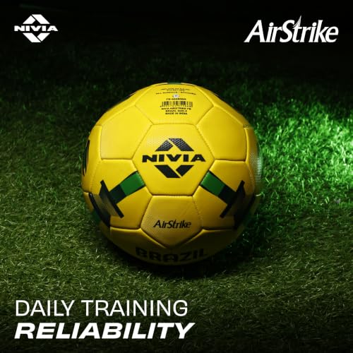 Image of Nivia Airstrike Football (Brazil) Training Ball, 32 Panels, Butyl Bladder, Made for Beginners, to Play On Both Natural and Artificial Grass (Yellow /Green, Size-5)