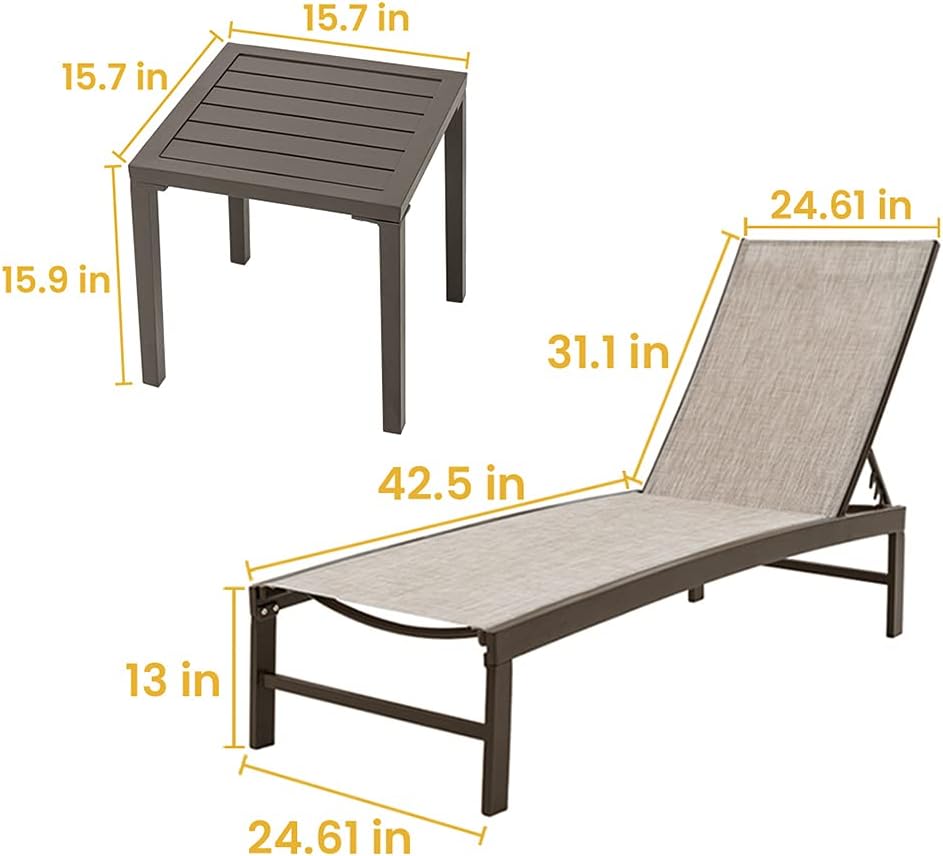 Crestlive Products Aluminum Adjustable Chaise Lounge Chair and Table Set Outdoor Five-Position Recliner, Curved Design, All Weather for Patio, Beach, Yard, Pool (Beige) : Patio, Lawn & Garden