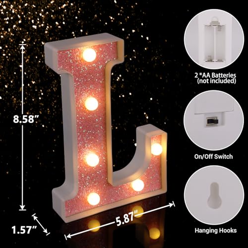 Image of LED Letter Lights Pink Glitter Marquee Letters Light Up Alphabet Letters Sign Battery Powered for Home Party Decoration Night Bar Wedding Birthday Christmas Lamp Girls Gift - Letter L