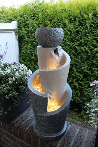 Steinbrunnen Arnusa mit LED-Beleuchtung und Dekobecken für Garten und Innenbereich