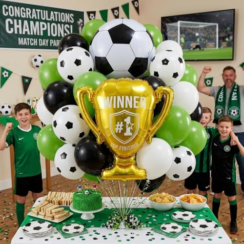 Image of Green and Black Soccer Balloons for Boys Men 12 Inch Green White Latex Soccer Balloons & 22 inch Soccer Foil Ball Gold Trophy Balloon Sports Theme Birthday Football Game Day Party Decorations Supplies