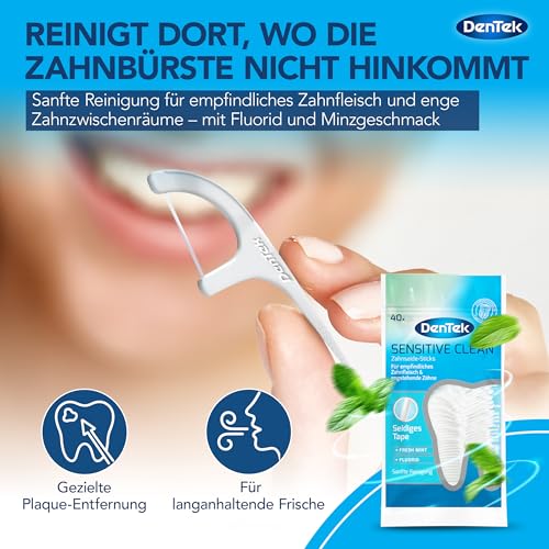 40 St. DenTek Sensitive Clean Zahnseide-Sticks - für sensibles Zahnfleisch - engstehende Zähne - Zahnreinigung der Zahnzwischenräume - Minzgeschmack - Fluorid - Zahnstocher - Zungenreiniger