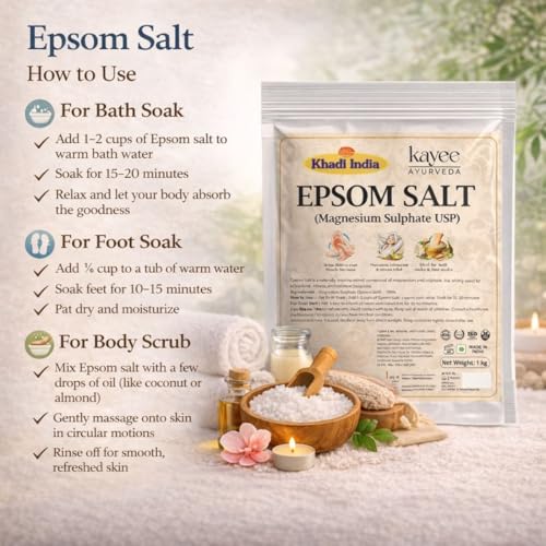 Image of Khadi Kayee Ayurveda Epsom Salt Pure Magnesium Sulphate for Bath Soak, Foot Soak & Muscle Pain Relief | Deep Relaxation, Muscle Recovery & Foot Soak Therapy | Spa-Like Experience at Home - 1KG