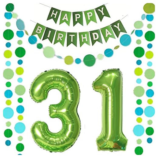 2 globos con el número 31 verde + guirnalda Happy Birthday + guirnalda verde para 31 cumpleaños, decoración de cumpleaños para hombres y mujeres, 31 años, 31 globos para 31 cumpleaños