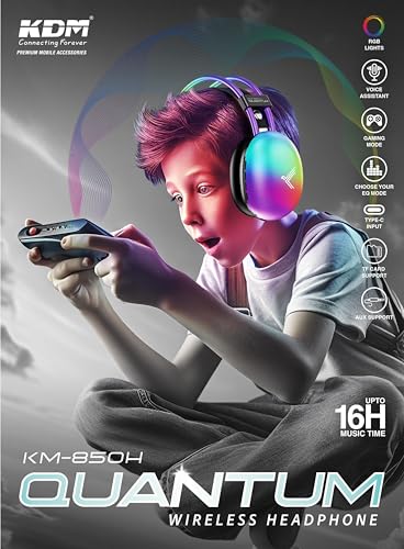 Image of KDM Quantum KM-850H Wireless Headphone with RGB Lights, Voice Assistant, Gaming Mode, Up to 16H Music Time, Type-C Input, TF Card Support, AUX Support, 24.1 cm