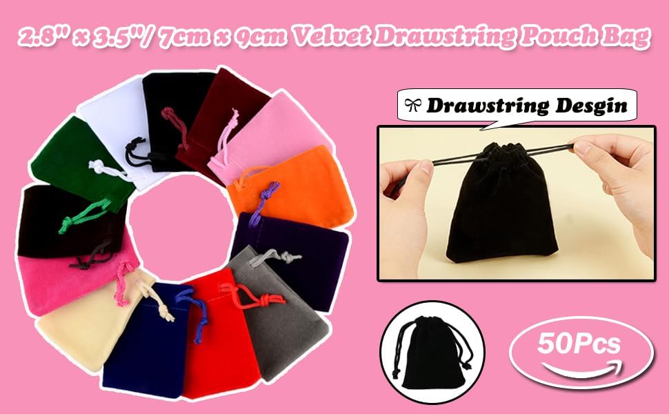 AKOAK 50 Pcs 7 x 9cm Velvet Drawstring Bag, Small Jewelry Gift Display Packaging Bag, Candy Gift Bag, Party Holiday Christmas/Wedding Gift Bag, Pink - Image 5