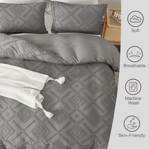 Image of EMME Duvet Cover Queen Size, Boho Tufted Comforter Cover, 3 Pieces Embroidery Chic Bedding Set for All Seasons, 1 Duvet Cover + 2 Pillowcases (Dark Grey, Queen)