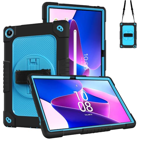 Sozengba Case for Lenovo Tab M10 Plus 3rd Gen 10.6 Inch Shockproof Shoulder Strap Hand Strap Rotatable Stand Cover for Lenovo Tab M10 Plus 2022(Model:TB-125FU/128FU/128XU) (Black/Blue)