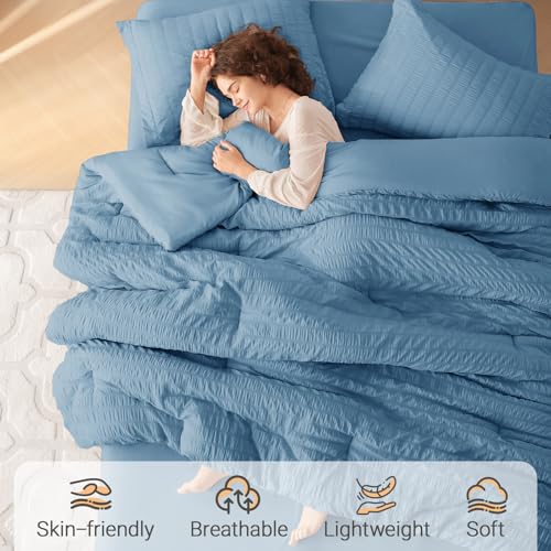 MUXHOMO 7 Pieces Queen Comforter Set, Seersucker Bed in a Bag Queen Size, All Season Luxury Bedding Set with Comforter, Flat Sheet, Fitted Sheet, Pillowcases & Shams, Mineral Blue