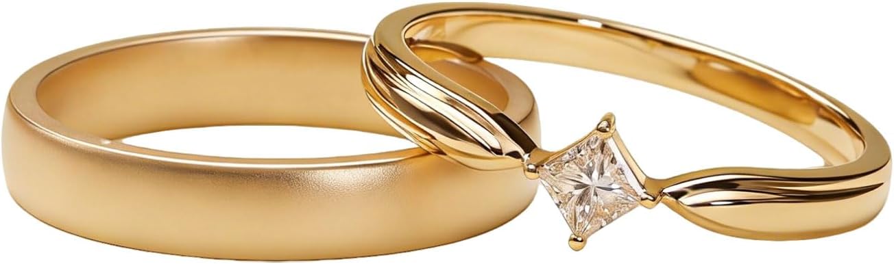 10K 14K 18K Gold Custom Couple Wedding Band for Men and Women,Moissanites/Diamonds Wedding Anniversary Ring Sets for Him & Her, 2PCS Dainty Couple Rings Size 3-16