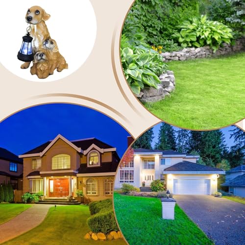 Statue de chien avec lanterne solaire déco jardin extérieur figurines chiots - 5
