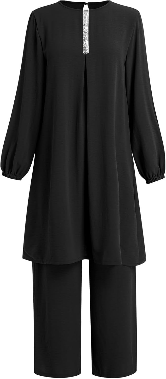 Abayas Dress For Women Muslim Long Sleeve Loose Top Pants 2 Pcs Dubai Islamic Muslim Women Matching Sets