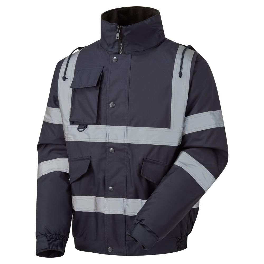 Expert Workwear HI VIZ VIS VISIBILITY CONTRACTOR SAFETY BOMBER JACKET COAT WATERPROOF (L, Navy)