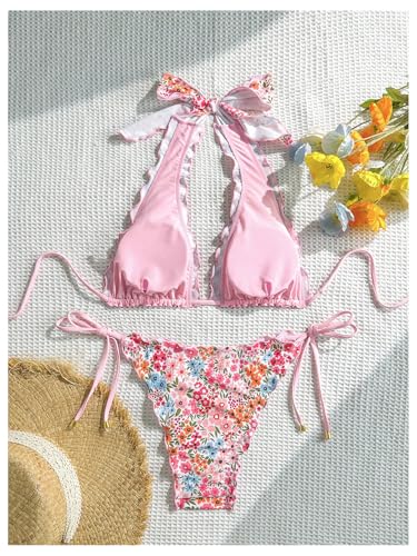 WDIRARA Women's Floral Ruffle Swimsuit Halter String Triangle Bikini Set Tie Side 2 Piece Bathing Suit2