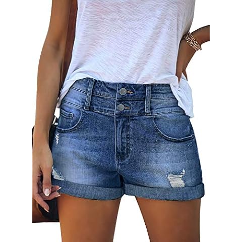Roskiky Women's Stretchy Shorts Mid Rise Frayed Ripped Rolled Hem Denim Jean Shorts Blue, Size XL Cover