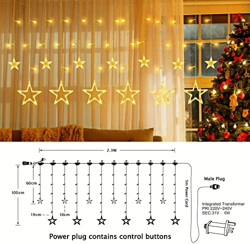 GYLEFY Christmas Window Lights, 12 Stars 138 LED Star Curtain Lights with 8 Flashing Modes, Indoor/Outdoor Waterproof Xmas Fairy Lights for Christmas, Wedding, Party, Bedroom Decorations (Warm White)