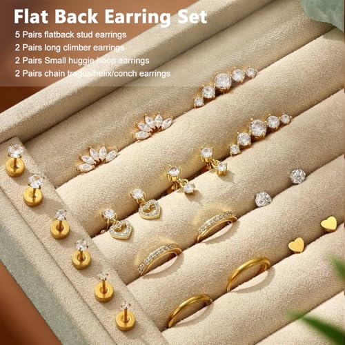 Image of SANNIDHI Earrings Set for Women Rhinestone Hoops Earring Hypoallergenic Hearts-shaped Flat Back Stud Earring Stainless Steel Cartilage Earrings Combo for Multiple Piercing